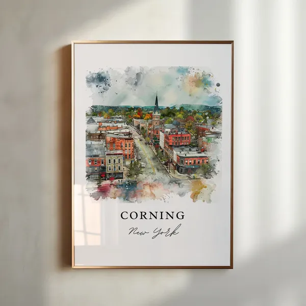 Corning, NY Watercolor Travel Poster, Steuben County