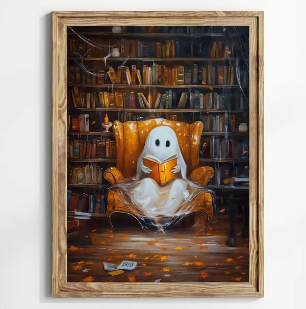 Halloween Ghost Reading a Book, Whimsical Art Print