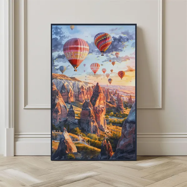 Watercolor Cappadocia Turkey Travel Poster, Hot Air Balloon