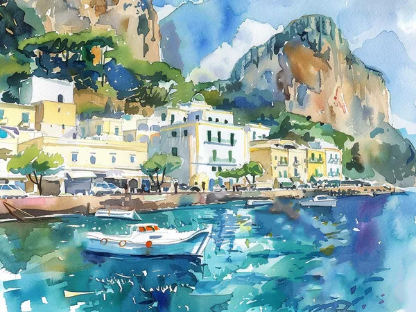 Capri Island Watercolor Painting, Italian Seascape Art Print