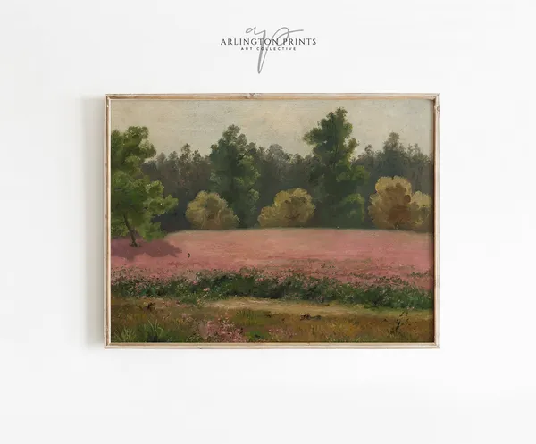 Vintage Pink Flowers Print, Floral Field Landscape