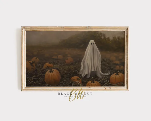 Ghost in Pumpkin Patch Vintage Halloween Art Print