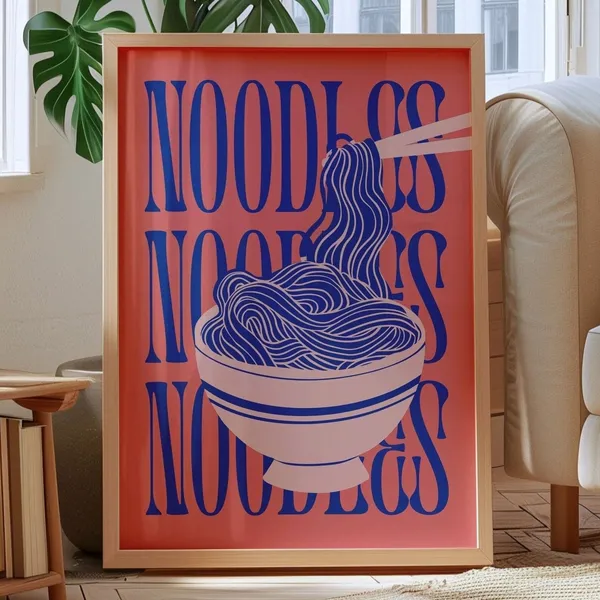 Retro Noodles Bowl Print, Asian Food Kitchen Art