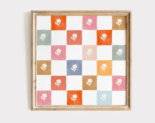 Colorful Floral Checkered Square Print, Cottage Decor