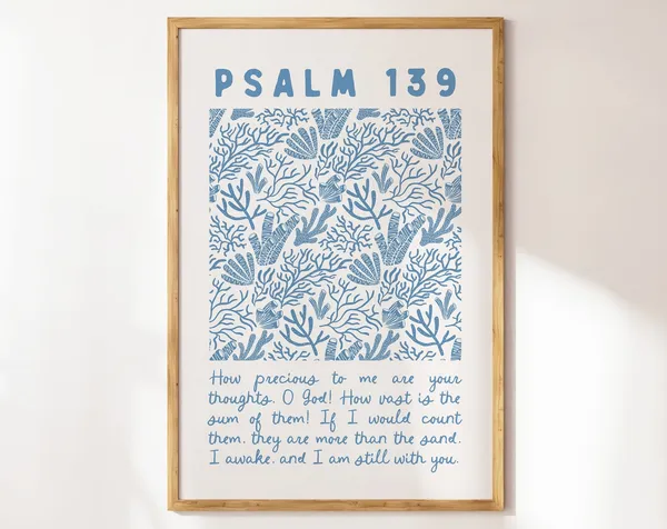 Psalm 139 Coastal Scripture Art Print, Blue Decor