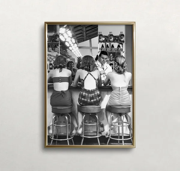Women At Bar, Vintage Black And White Retro Bar Art Print