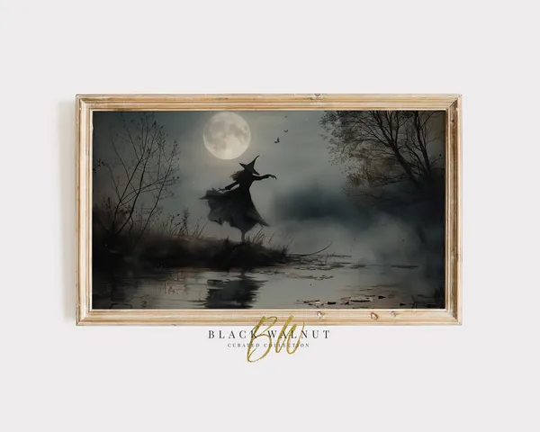 Halloween Witch Full Moon Art Print, Spooky Decor
