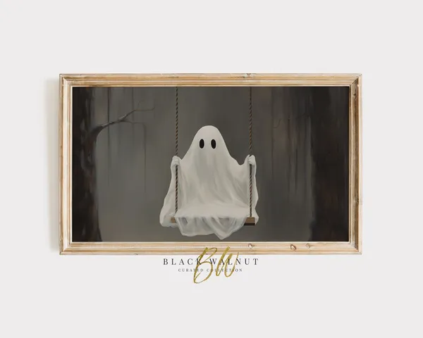 Halloween Ghost on Swing Art Print, Moody Decor