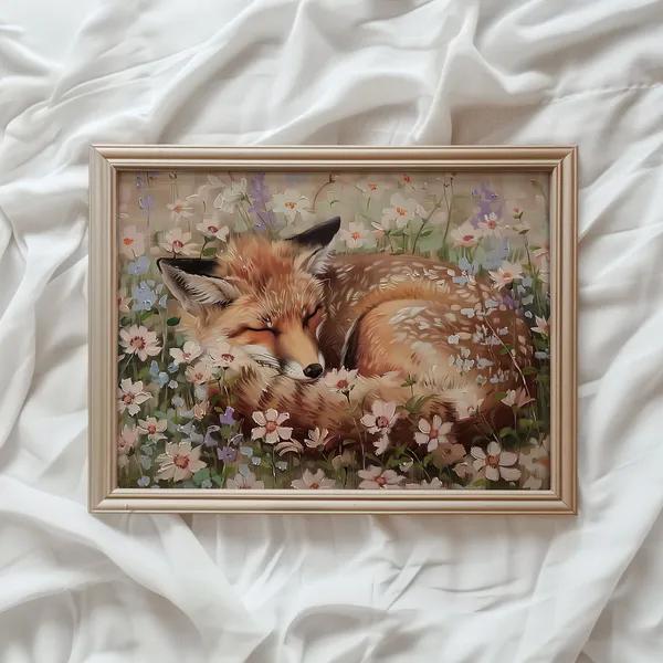 Fox Sleeping on Flowers, Romantic Woodland Art Print