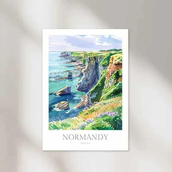 Normandy France Watercolor Travel Poster, Wall Art