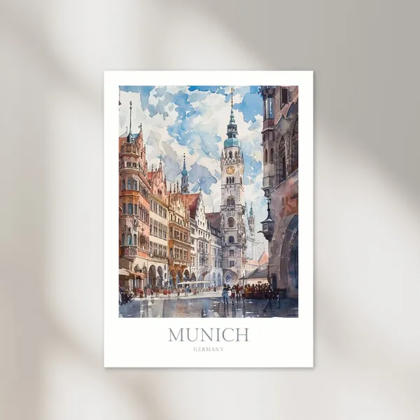 Munich Germany Watercolor Travel Poster, Wall Art