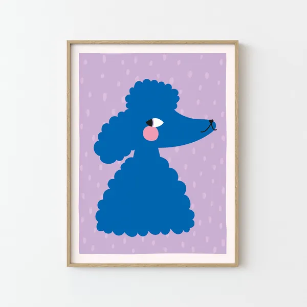 Blue Poodle Print Illustration Poster, Kids Room Decor