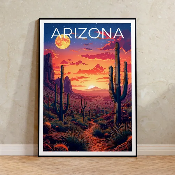 Arizona Travel Poster, Desert Cactus Art Print