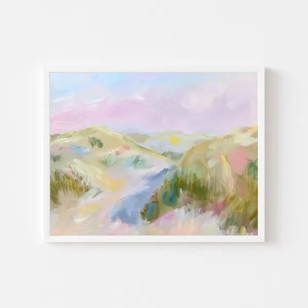 Beach Dunes Sunset Painting, Coastal Grass Art Print
