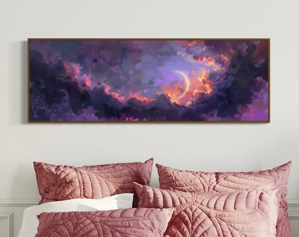 Crescent Moon Sky Art Print, Colorful Celestial Night