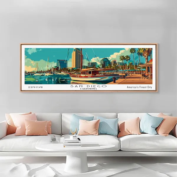 San Diego California Panoramic Travel Poster, Mid Century