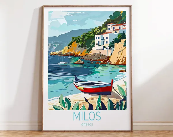 Milos Greece Travel Poster, Coastal Wall Art Print