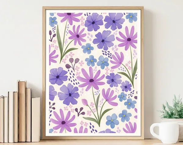 Purple Wildflowers Blue Watercolor Botanical Art Print