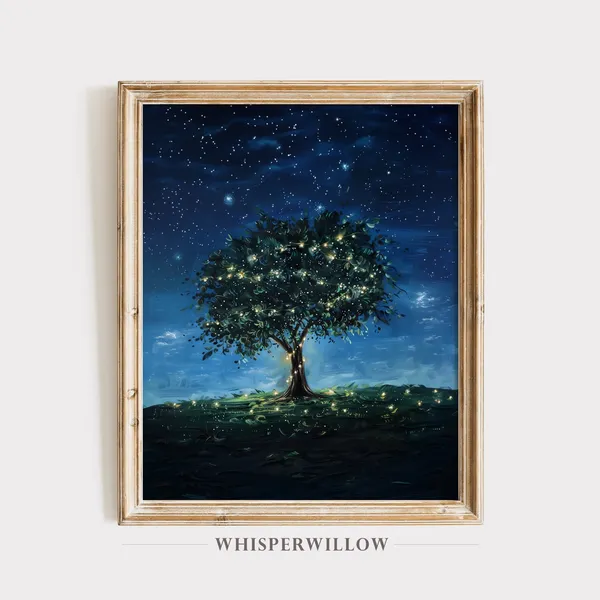 Midnight Stars Twinkle Lights Tree Art Print