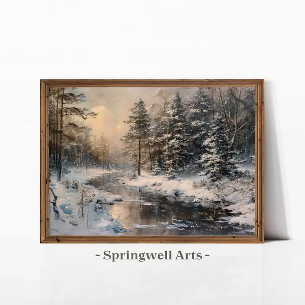 Winter Forest Stream Vintage Woodland Snow Scene Art Print