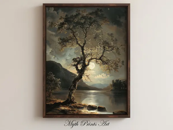 Moonlight Lake Tree Vintage Art Print, Landscape
