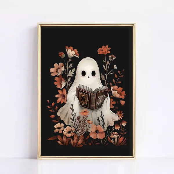Ghost Reading Book Halloween Botanical Wall Art Print