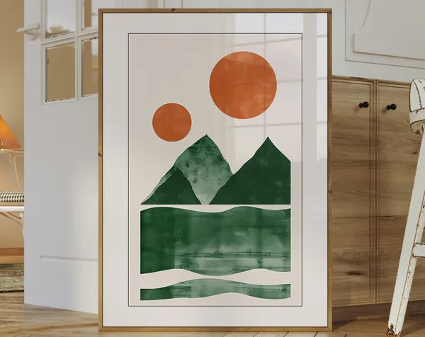 Green Abstract Landscape Poster, Boho Mountain Print