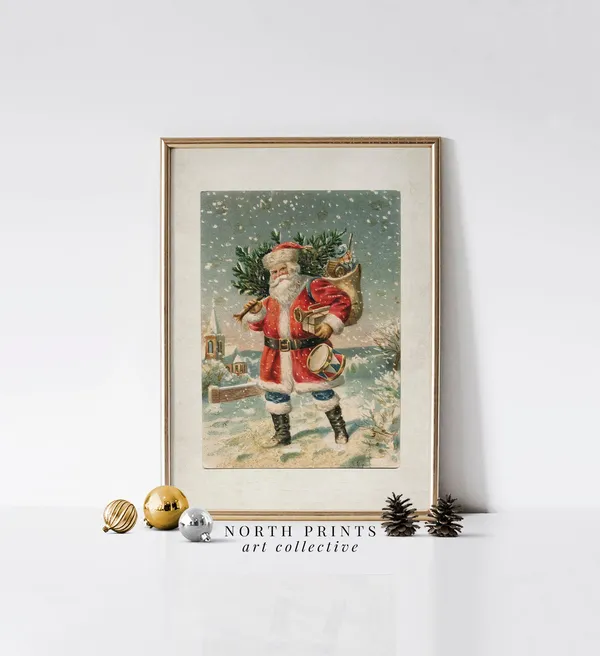 Retro Santa Christmas Poster, Vintage Winter Decor