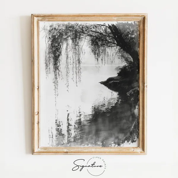 Pond With Overhanging Willow Sketch Art Print