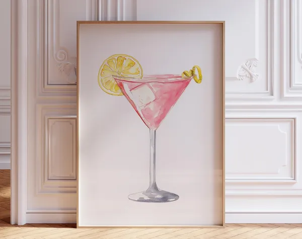 Cosmopolitan Watercolor Cocktail Poster, Drink Art