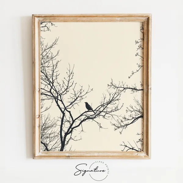 Winter Landscape Bird In Bare Trees, Art Print