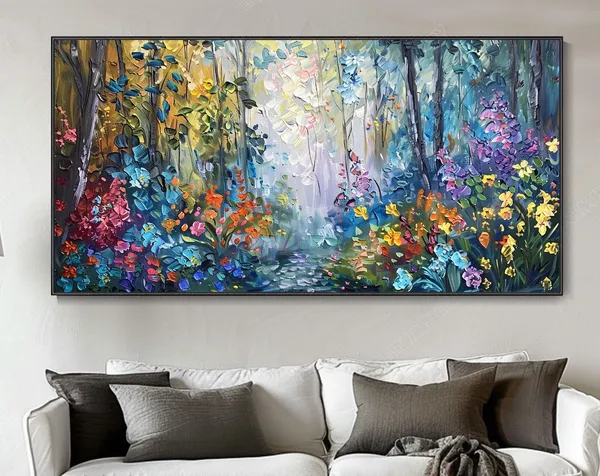 Colorful Forest Flower Oil Painting, Boho Art Print