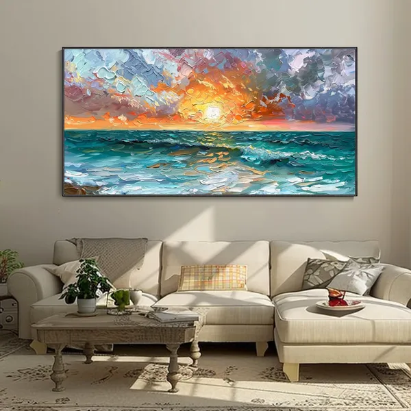 Seascape Sunrise Oil Painting, Bedroom Decor Art Print