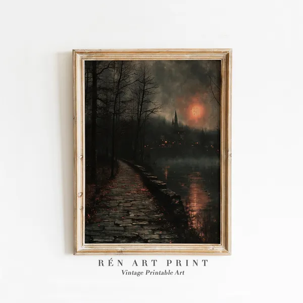 Moody Landscape Painting Art Print, Rustic Autumn
