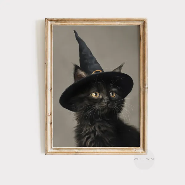 Black Cat Vintage Halloween Witch Hat Art Print