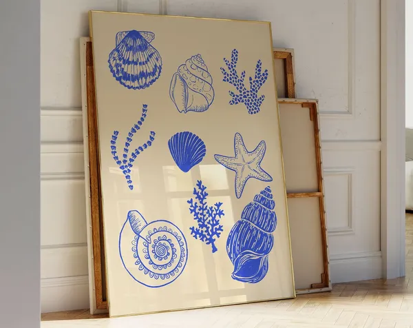Seashells Blue Vintage Beachy Line Art Art Print