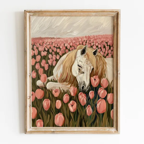 Cute Horse Among Pink Tulips, Trendy Spring Poster