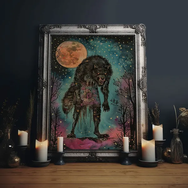 Halloween Werewolf Full Moon Art Print, Spooky Decor