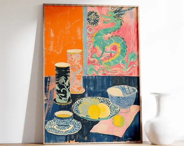 Chinese Tea Print Dragon Poster, Vintage Kitchen Decor