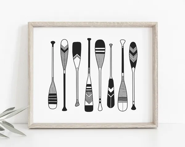 Paddle Print, Black And White Minimalist Lake Art