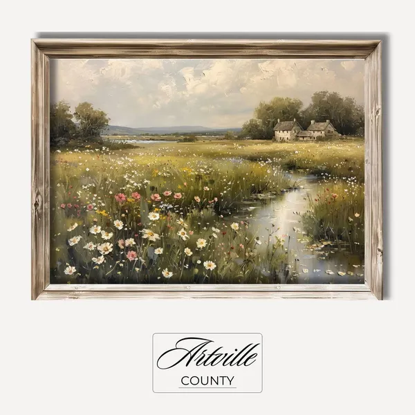 Wildflower Field Landscape Painting, Vintage Cottagecore
