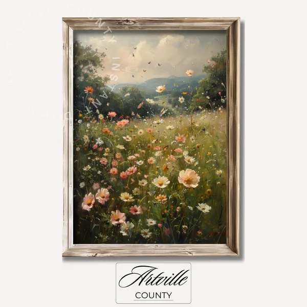 Wildflower Meadow Landscape, Vintage Cottage Art Print
