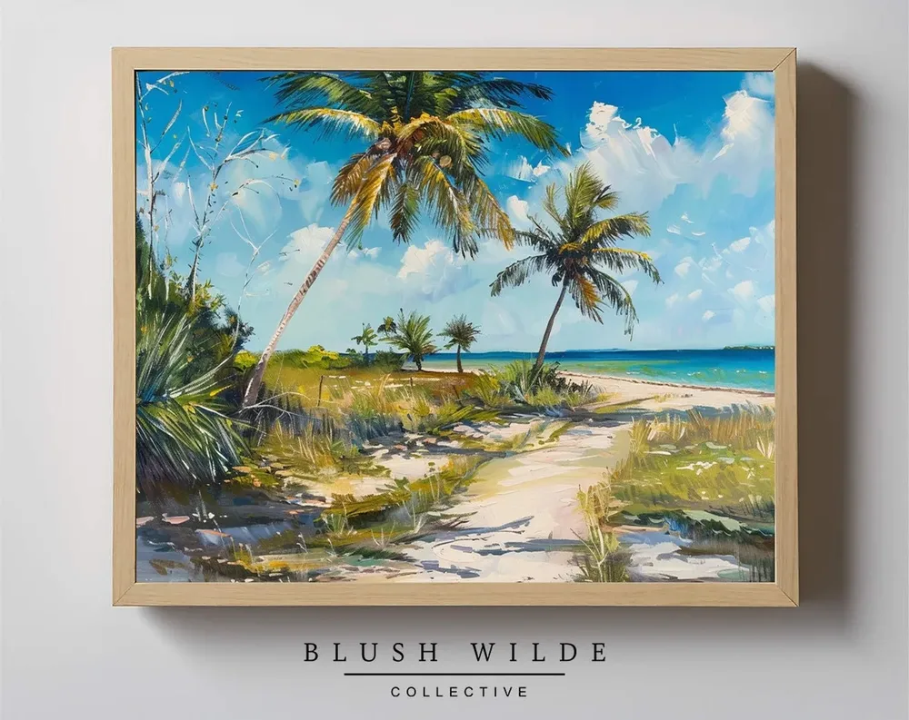 Florida Beach Painting, Vintage Palm Tree Art Print