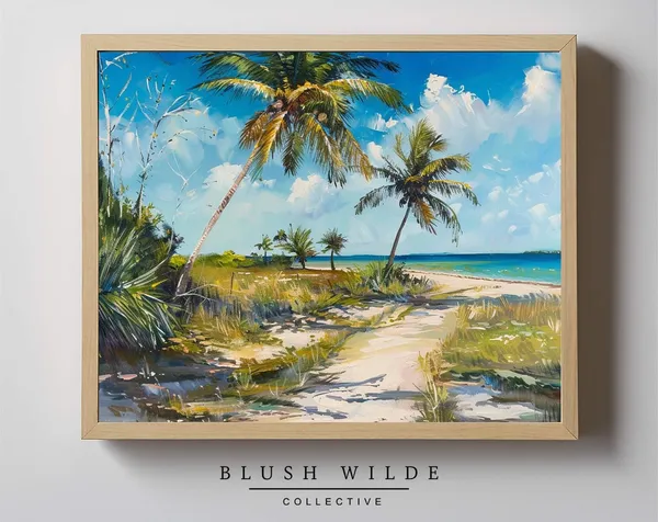 Florida Beach Painting, Vintage Palm Tree Art Print