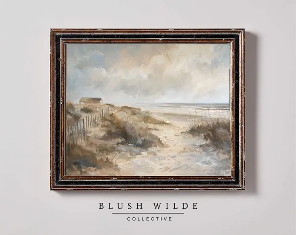 Neutral Beach Oil Painting Vintage Coastal Art Print
