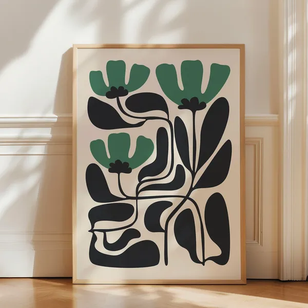 Green And Black Flower Japandi Wall Art Print