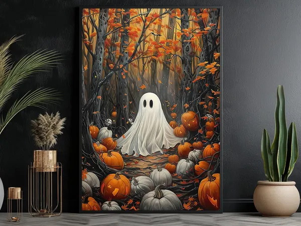 Vintage Ghost In Forest, Autumn Halloween Poster Print