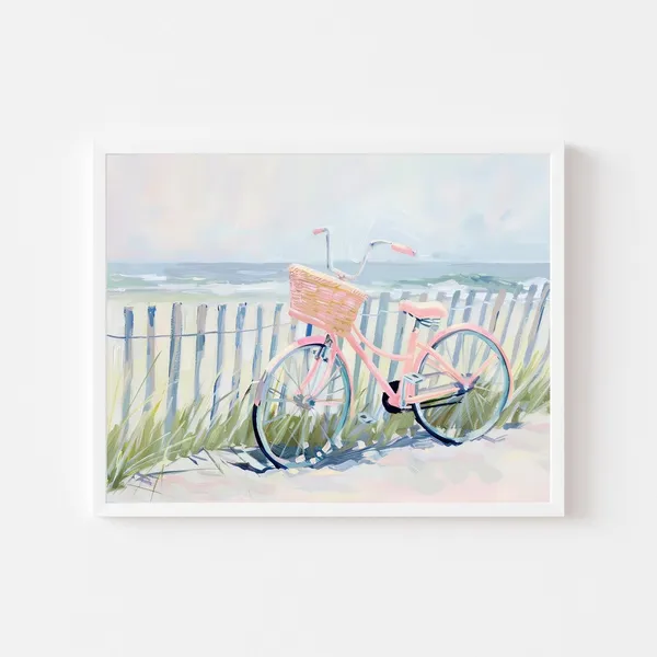 Pink Beach Cruiser, Coastal Bicycle Summer Art Print