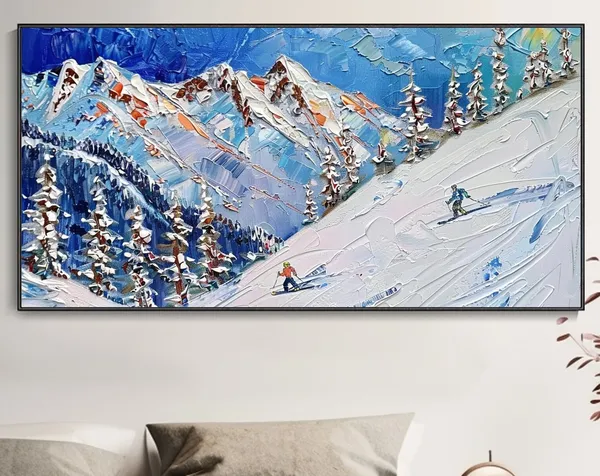 Snowy Mountain Skiing Oil Painting, Winter Landscape