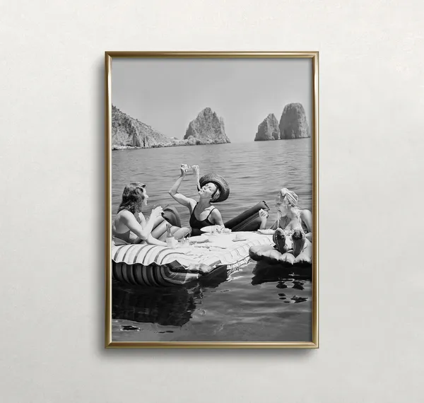 Women Eating Pasta by the Lake, Vintage Art Print